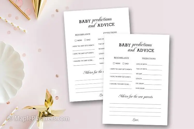 Baby advice and prediction cards for a baby shower activity 