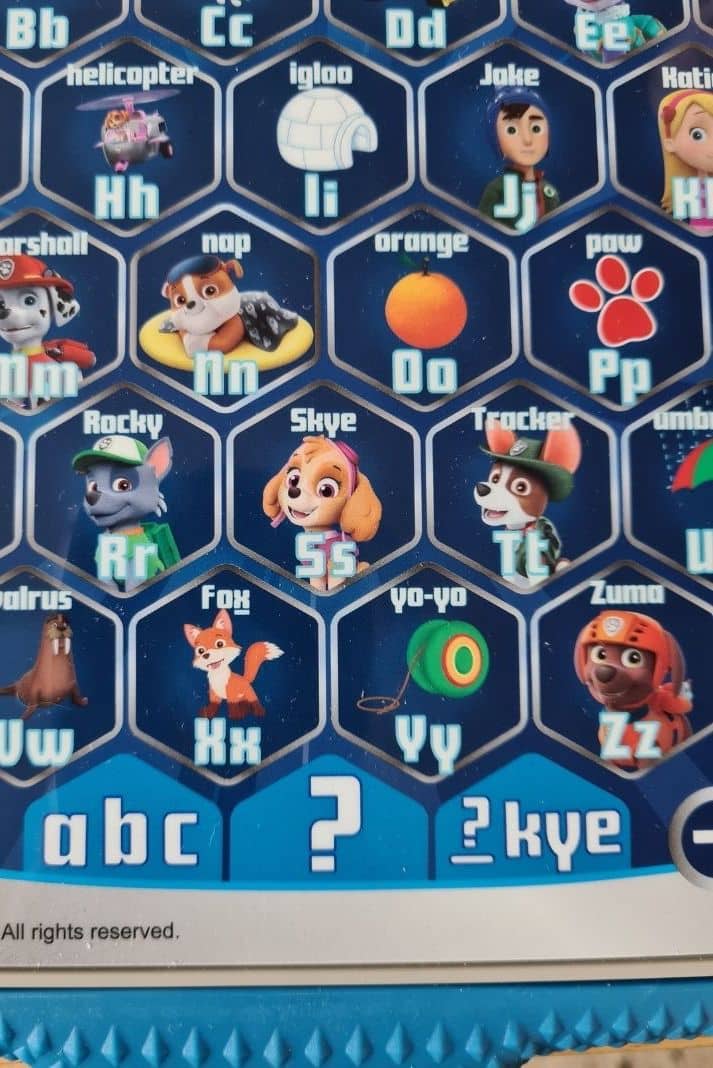 Close up of the buttons on the Ryder's Alphabet Tablet toy