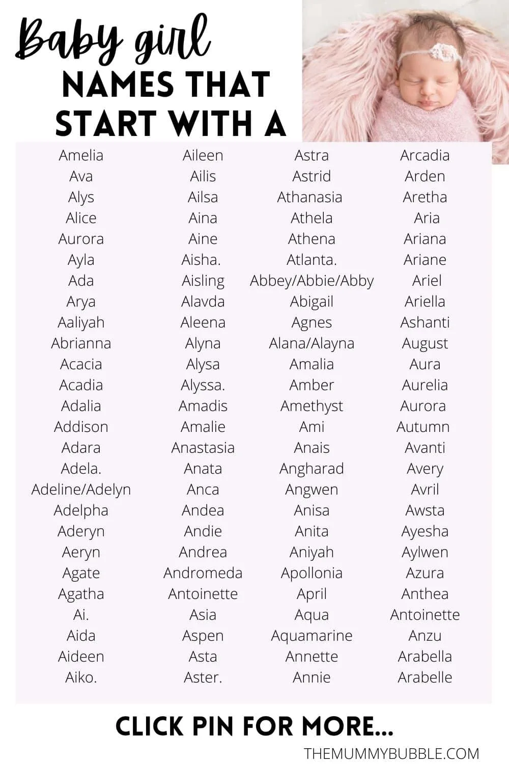 300+ cute and unique baby girl names that start with A - The Mummy Bubble