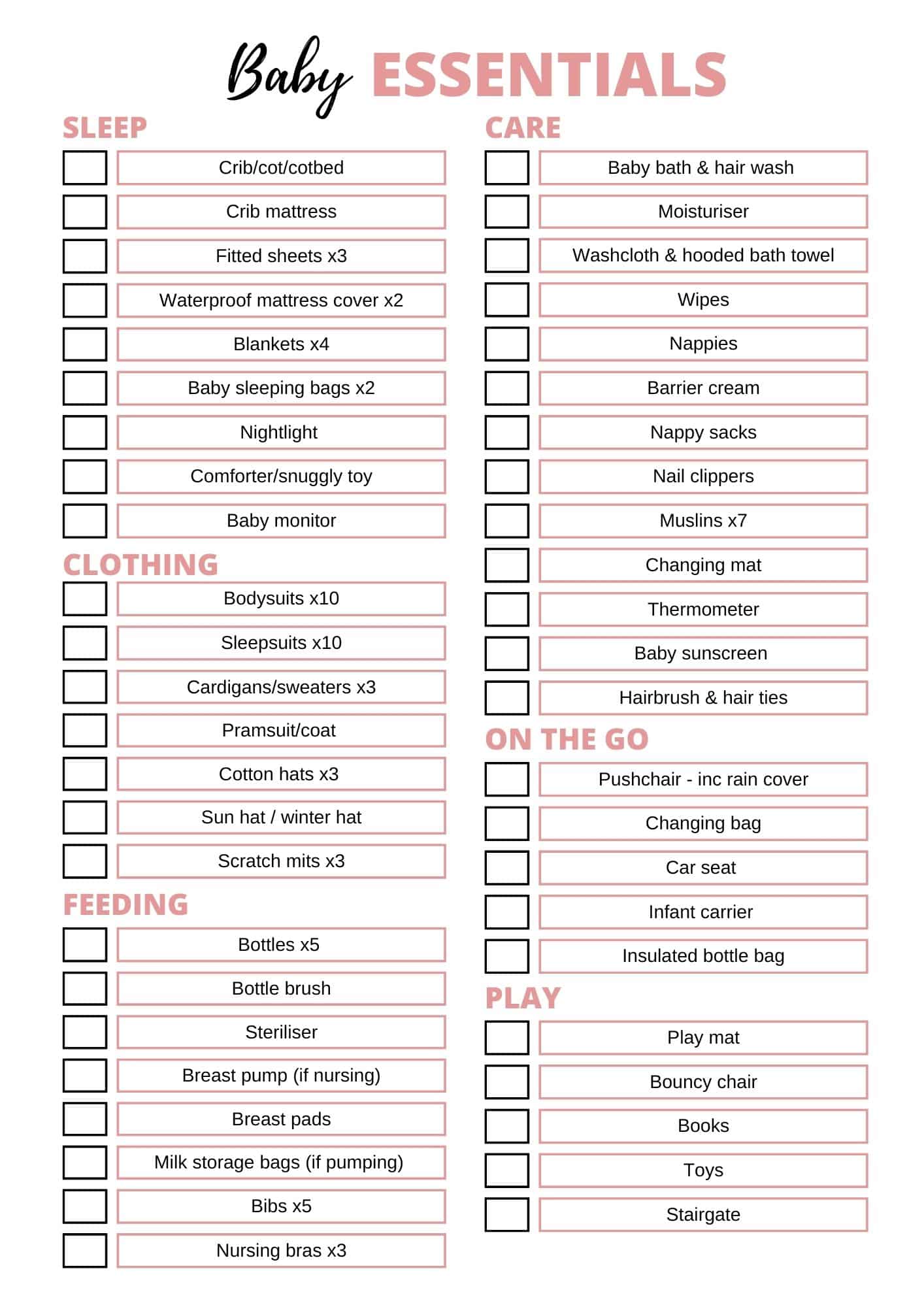 Printable newborn baby checklist 