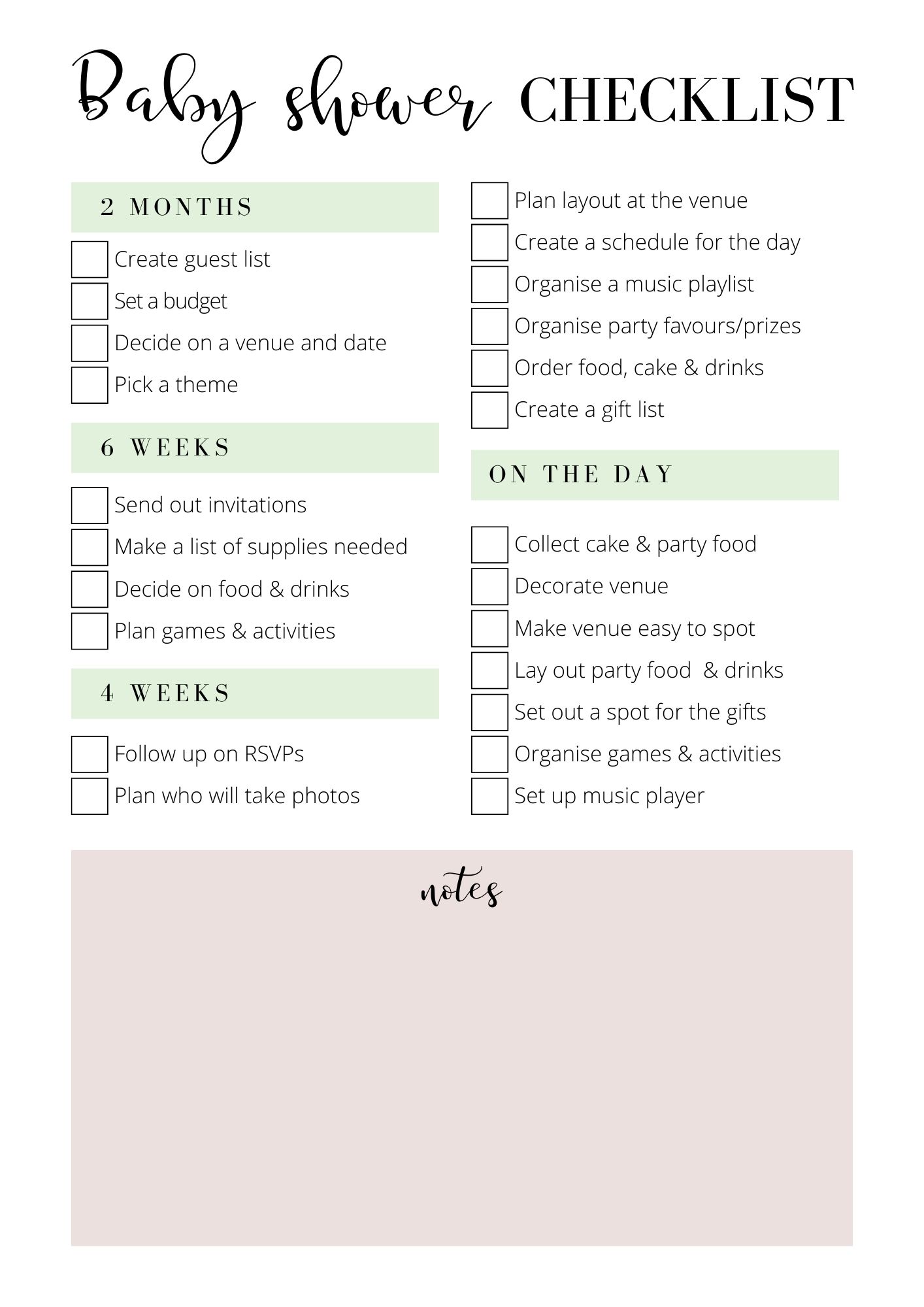 Printable baby shower planning checklist 