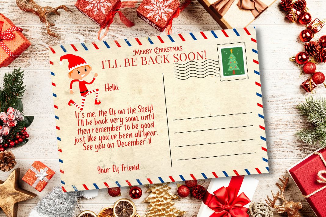 Elf on the Shelf arrival postcard 