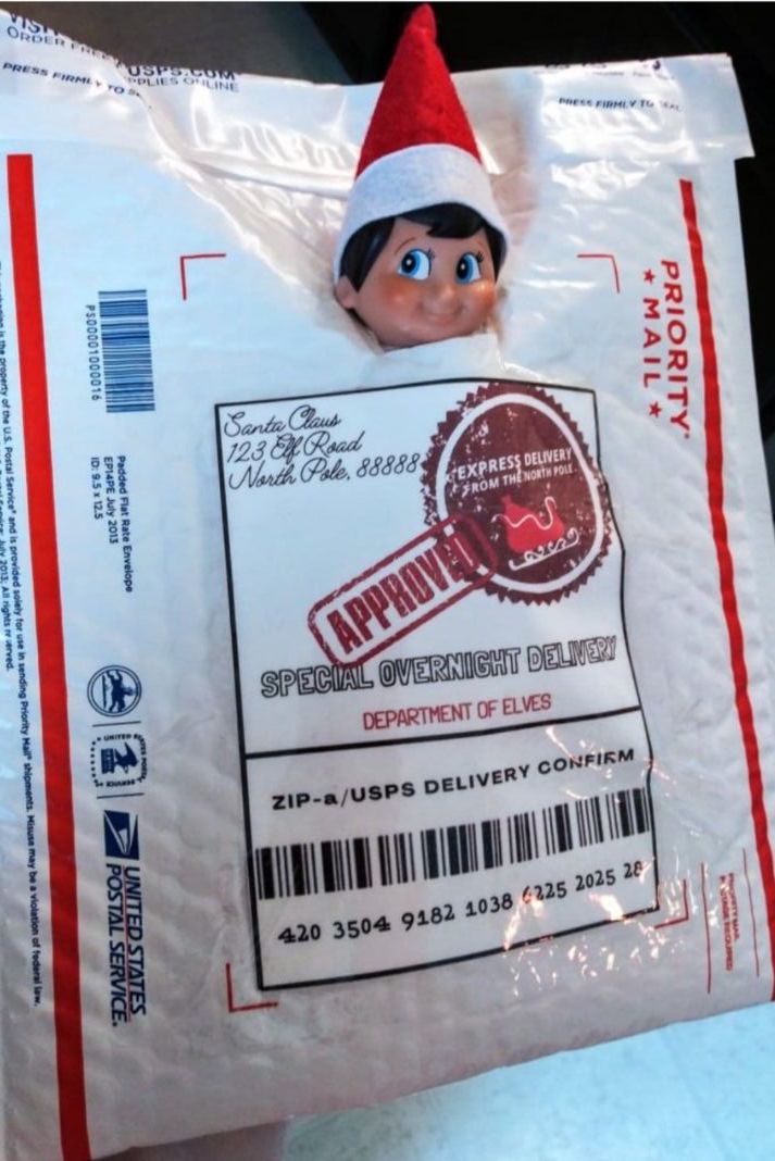 Elf on the Shelf arrival idea for first day of December in a parcel 