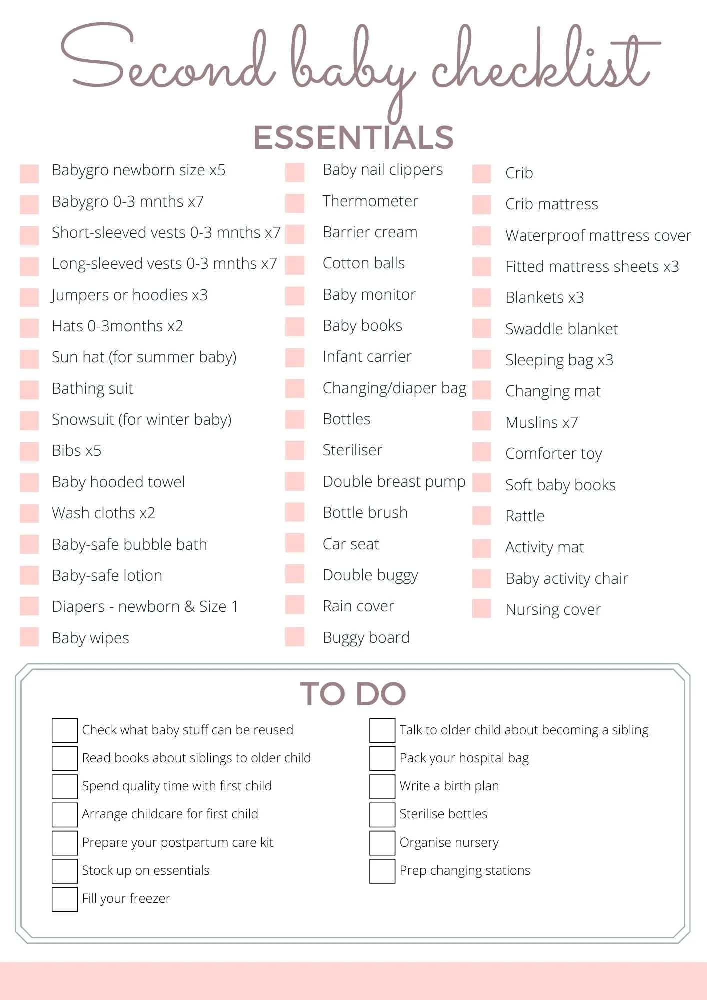 Second baby prep and essentials checklist 