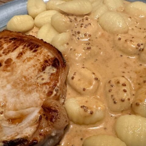 Pork chops & gnocchi in a creamy mustard sauce