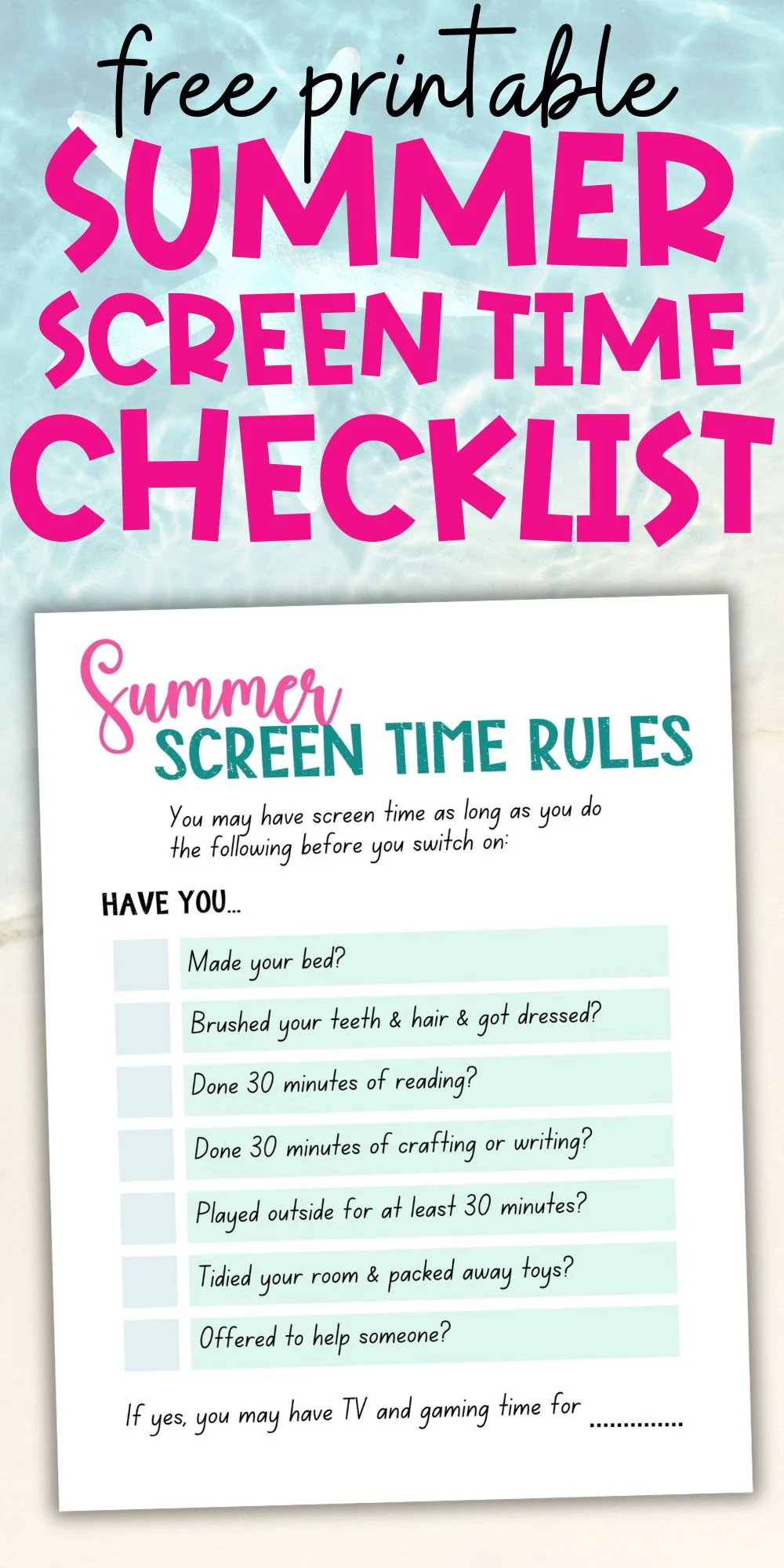 Free printable summer screen time checklist
