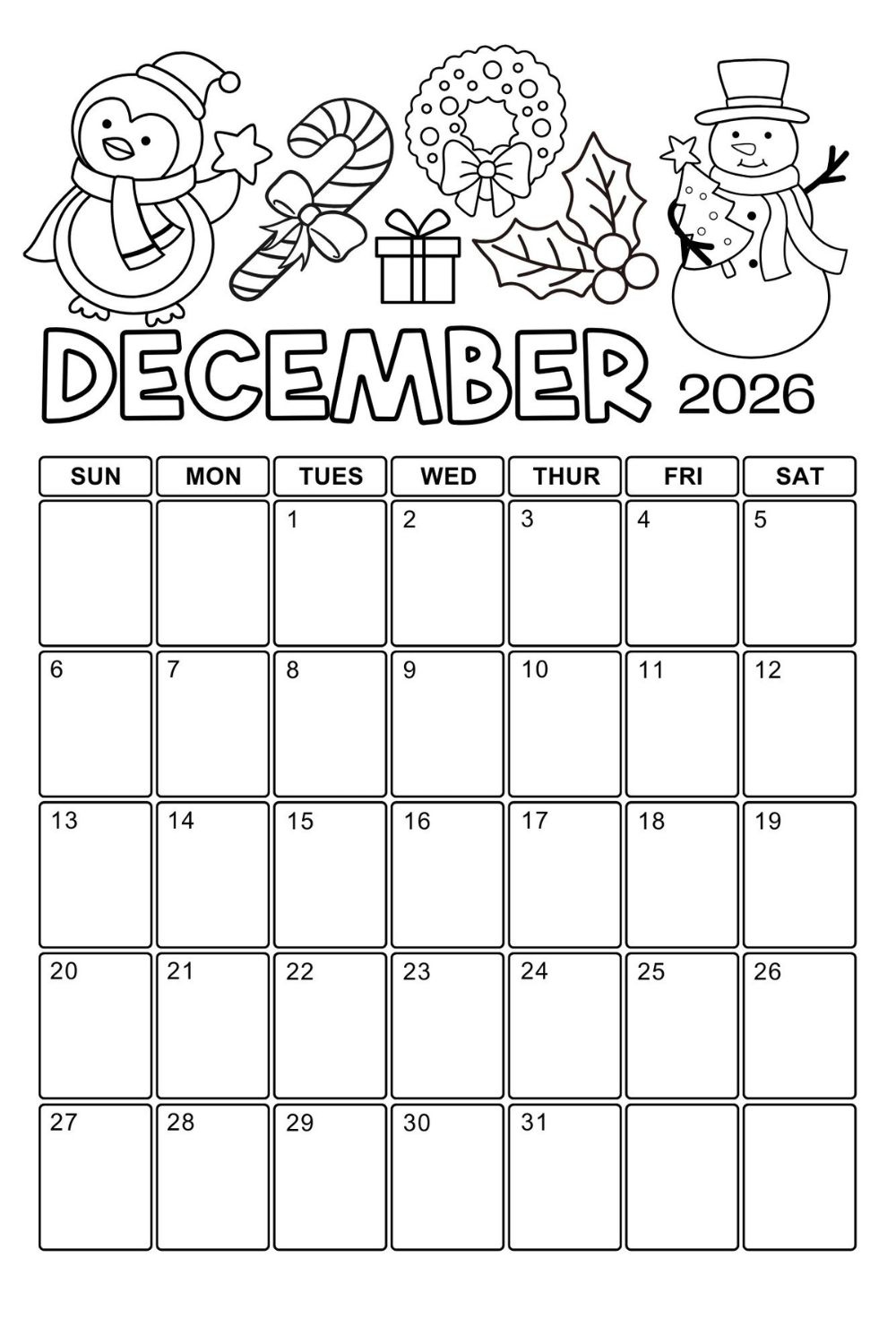 december calendar page 2026