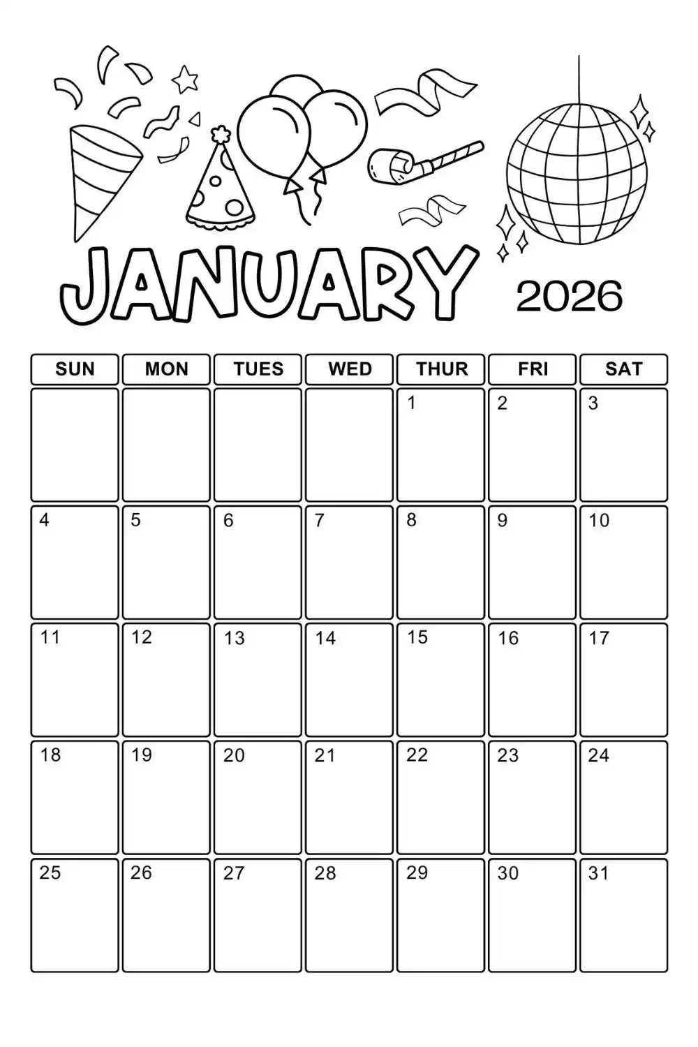 January 2026 coloring page for kids
