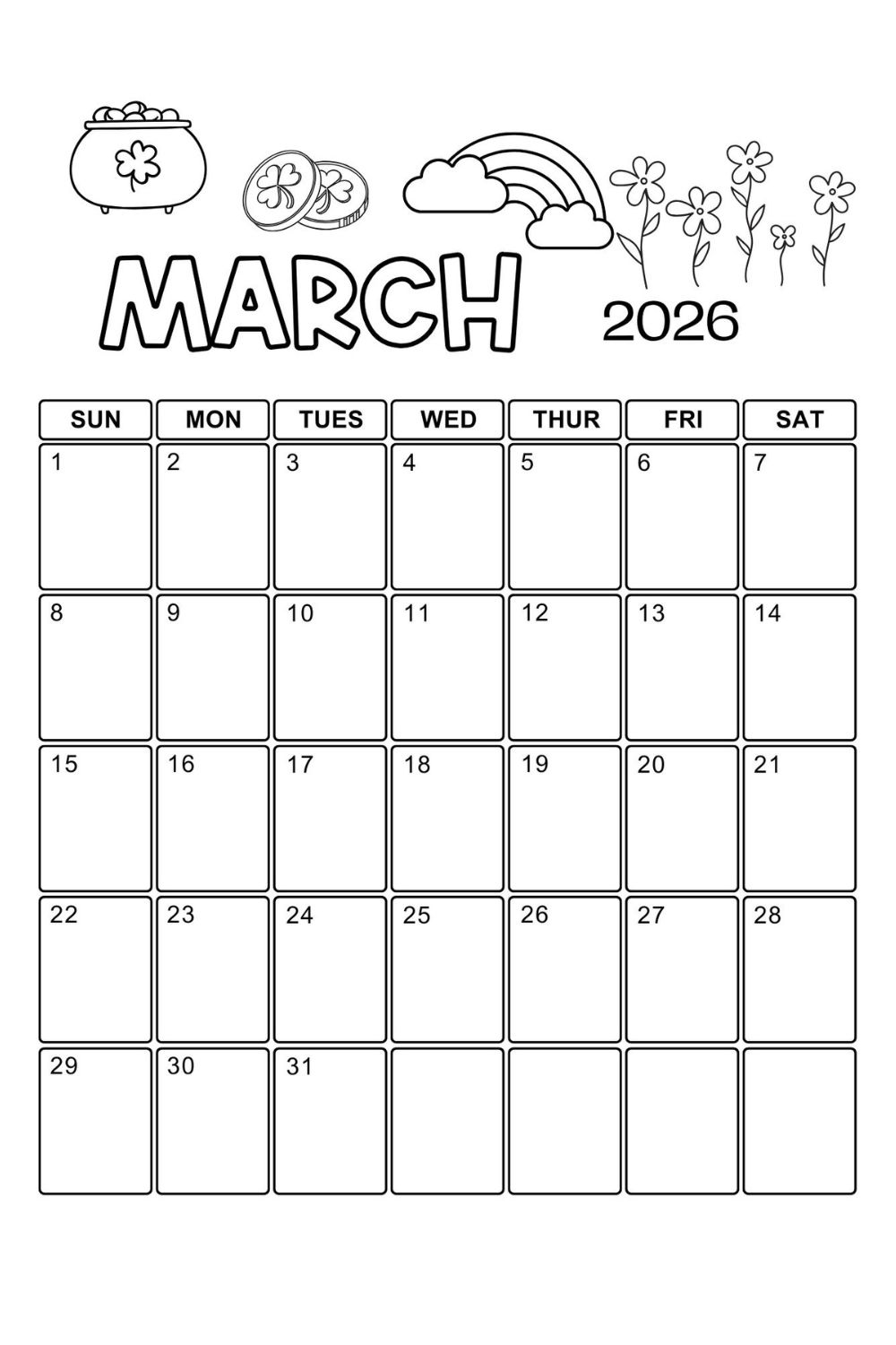 march monthly colouring page for 2026